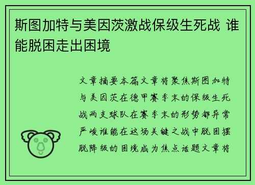 斯图加特与美因茨激战保级生死战 谁能脱困走出困境