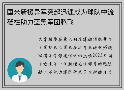 国米新援异军突起迅速成为球队中流砥柱助力蓝黑军团腾飞