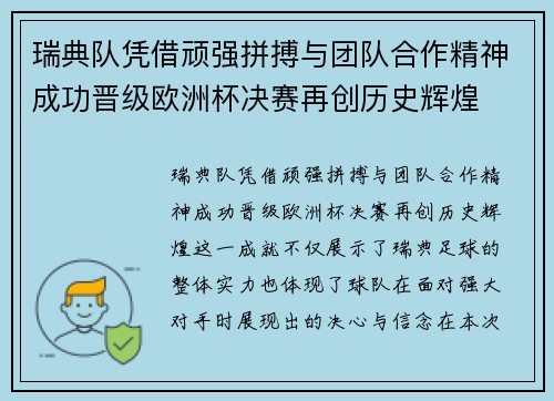 瑞典队凭借顽强拼搏与团队合作精神成功晋级欧洲杯决赛再创历史辉煌