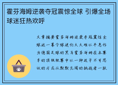 霍芬海姆逆袭夺冠震惊全球 引爆全场球迷狂热欢呼