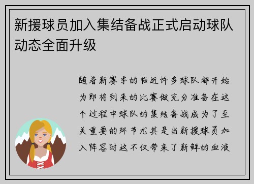 新援球员加入集结备战正式启动球队动态全面升级