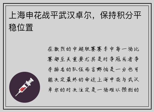 上海申花战平武汉卓尔，保持积分平稳位置