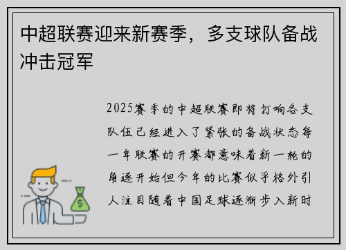 中超联赛迎来新赛季，多支球队备战冲击冠军