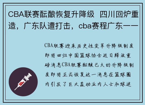 CBA联赛酝酿恢复升降级  四川回炉重造，广东队遭打击，cba赛程广东一一四川视频