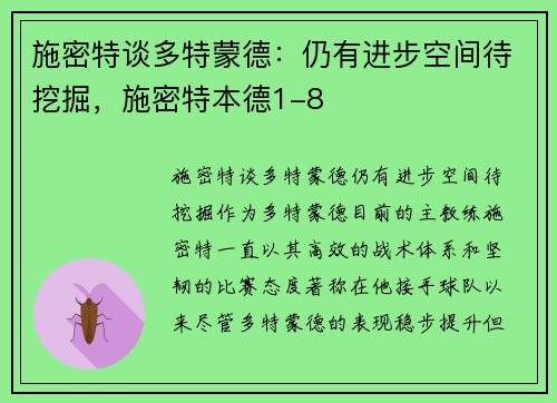 施密特谈多特蒙德：仍有进步空间待挖掘，施密特本德1-8