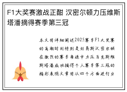 F1大奖赛激战正酣 汉密尔顿力压维斯塔潘摘得赛季第三冠