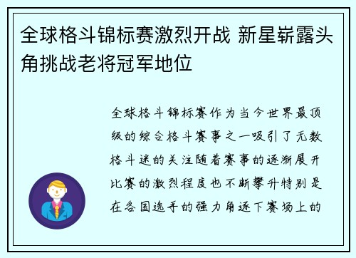 全球格斗锦标赛激烈开战 新星崭露头角挑战老将冠军地位