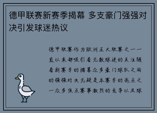 德甲联赛新赛季揭幕 多支豪门强强对决引发球迷热议